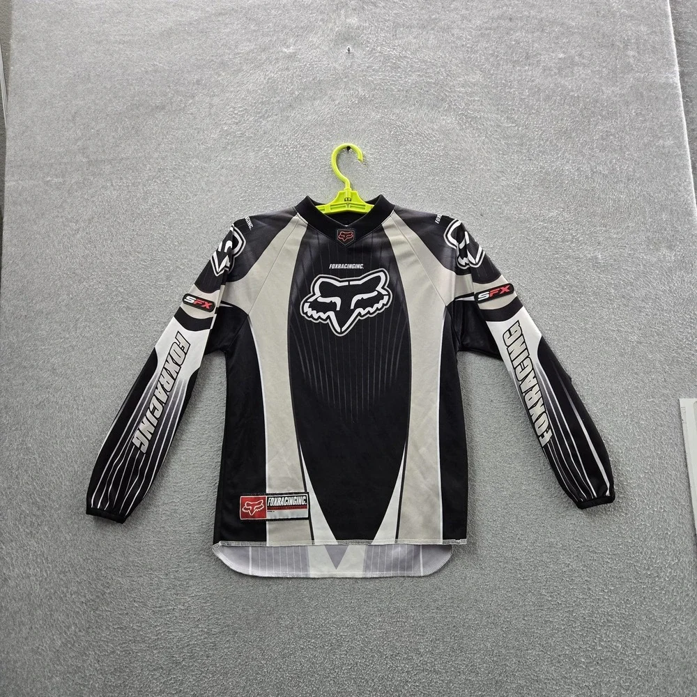 VINTAGE FOX Boys Jersey L Black Embroidered Racing Motocross BMX Grunge Y2K